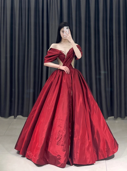 Modest Ball Gown Off The Shoulder Burgundy Taffeta Short Sleeves Floor Length Prom Dress Inspiration Long Prom Dresses A097
