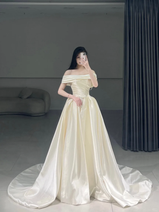 Timeless Ball Gown Off The Shoulder Satin Cap Sleeves Long Wedding Dress Beautiful Formal Cute Wedding Dresses A098