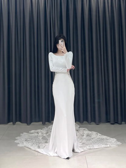 Timeless Mermaid Square Neck White Lace Long Sleeves Wedding Dress Beautiful Formal Cute Wedding Dresses A099