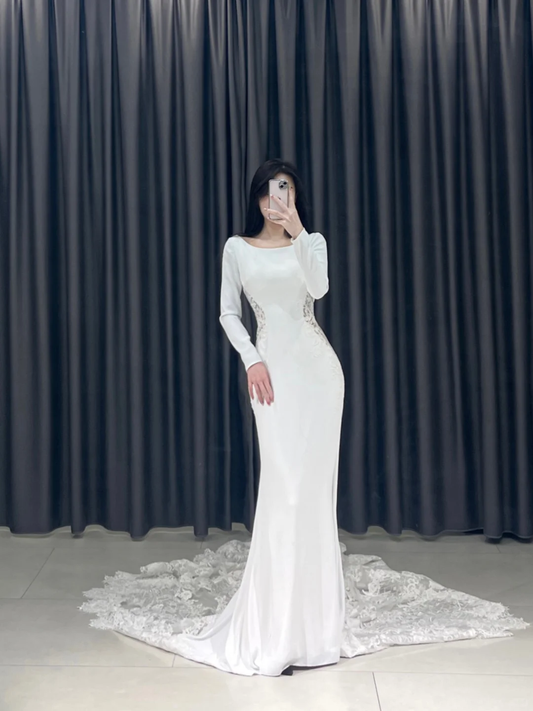 Timeless Mermaid Square Neck White Lace Long Sleeves Wedding Dress Beautiful Formal Cute Wedding Dresses A099
