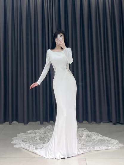 Timeless Mermaid Square Neck White Lace Long Sleeves Wedding Dress Beautiful Formal Cute Wedding Dresses A099