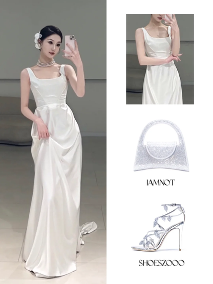 Timeless A line Square Neck White Satin Long Wedding Dress Beautiful Formal Cute Wedding Dresses A101