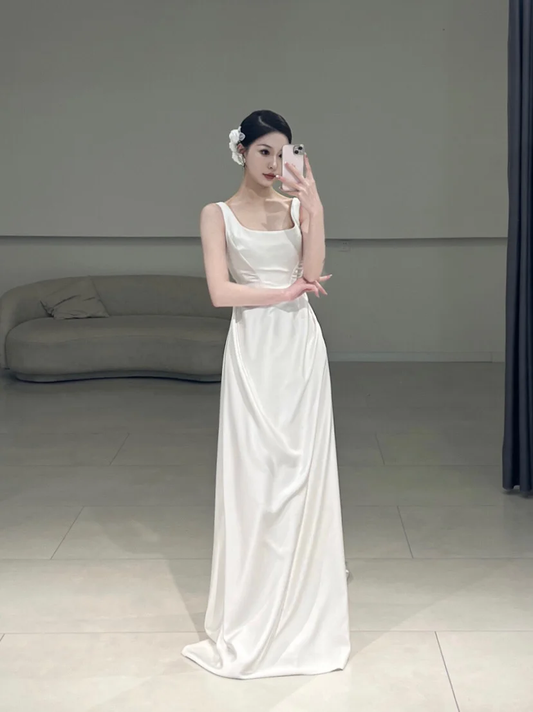 Timeless A line Square Neck White Satin Long Wedding Dress Beautiful Formal Cute Wedding Dresses A101