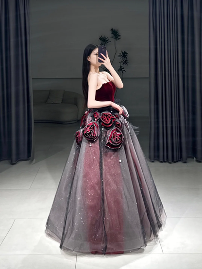 Sweet Strapless Ball Gown Floral Tulle Long Quinceanera Dress Gorgeous Quinceanera Dresses Sweet 15 16 Dress A102