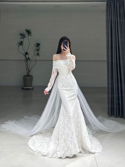 Timeless Mermaid Off The Shoulder White Lace Long Sleeves Wedding Dress Beautiful Formal Cute Wedding Dresses A103