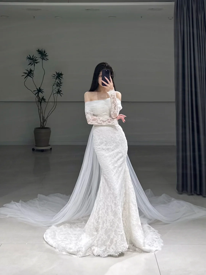Timeless Mermaid Off The Shoulder White Lace Long Sleeves Wedding Dress Beautiful Formal Cute Wedding Dresses A103