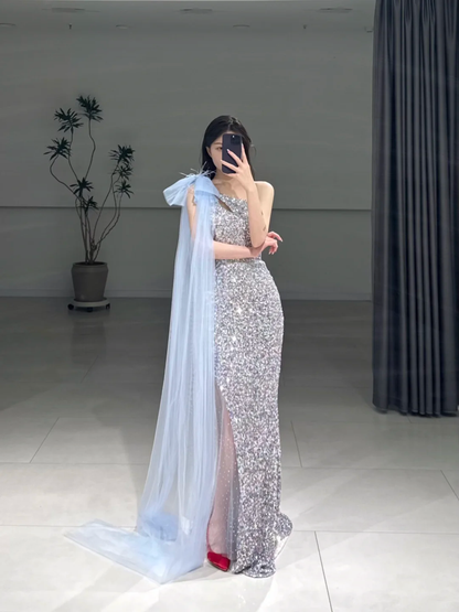 Elegant Sheath One Shoulder Silver Sequin Sparkly Floor Length Prom Dress Inspiration Long Prom Dresses A104