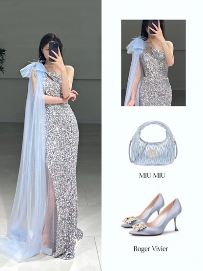 Elegant Sheath One Shoulder Silver Sequin Sparkly Floor Length Prom Dress Inspiration Long Prom Dresses A104