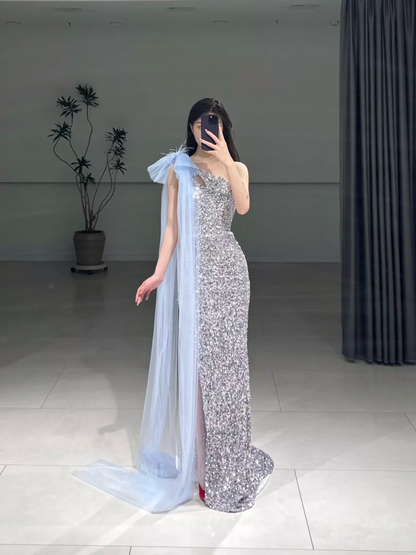 Elegant Sheath One Shoulder Silver Sequin Sparkly Floor Length Prom Dress Inspiration Long Prom Dresses A104