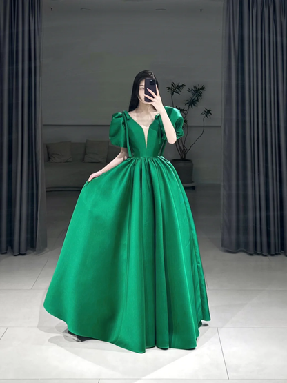 Elegant Ball Gown V Neck Half Sleeves Floor Length Prom Dress Inspiration Green Long Prom Dresses A105