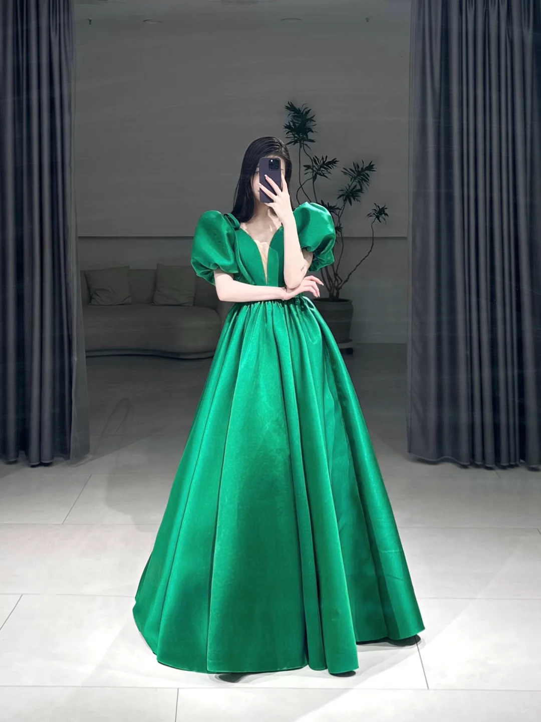Elegant Ball Gown V Neck Half Sleeves Floor Length Prom Dress Inspiration Green Long Prom Dresses A105