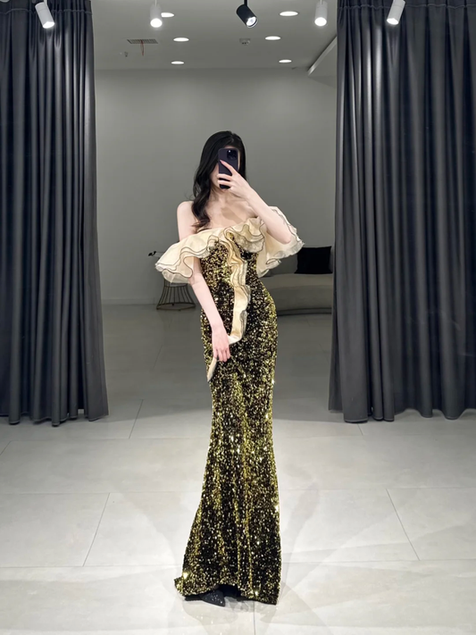 Elegant Mermaid Off The Shoulder Half Sleeves Floor Length Prom Dress Inspiration Green Sequin Long Prom Dresses A106