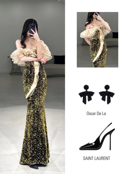 Elegant Mermaid Off The Shoulder Half Sleeves Floor Length Prom Dress Inspiration Green Sequin Long Prom Dresses A106