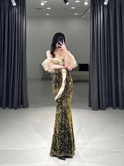 Elegant Mermaid Off The Shoulder Half Sleeves Floor Length Prom Dress Inspiration Green Sequin Long Prom Dresses A106