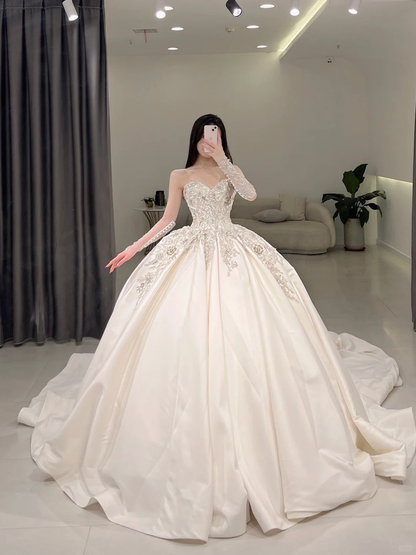 Elegant Ball Gown Sweetheart Satin Sleeveless Long Wedding Dress Beautiful Formal Cute Wedding Dresses A109