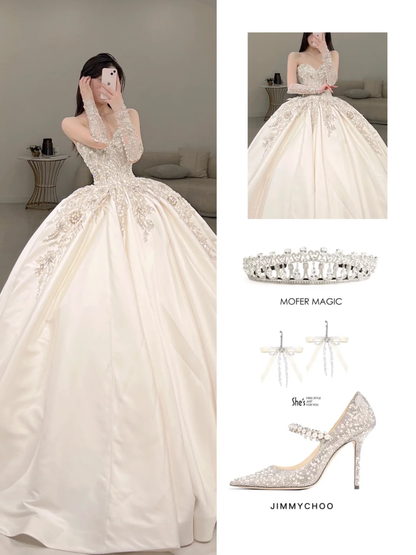 Elegant Ball Gown Sweetheart Satin Sleeveless Long Wedding Dress Beautiful Formal Cute Wedding Dresses A109
