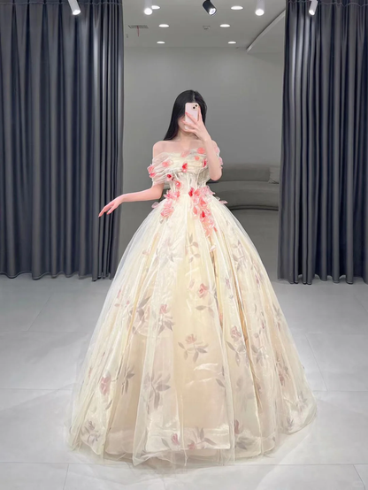 Sweet Ball Gown Off The Shoulder Floral Tulle Long Quinceanera Dress Gorgeous Quinceanera Dresses Sweet 15 16 Dress A111