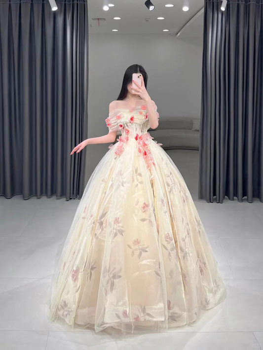 Sweet Ball Gown Off The Shoulder Floral Tulle Long Quinceanera Dress Gorgeous Quinceanera Dresses Sweet 15 16 Dress A111