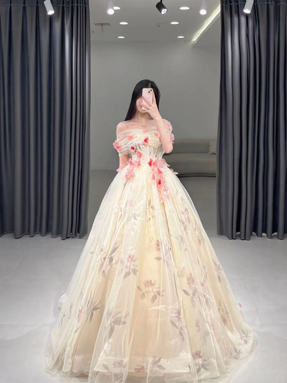 Sweet Ball Gown Off The Shoulder Floral Tulle Long Quinceanera Dress Gorgeous Quinceanera Dresses Sweet 15 16 Dress A111