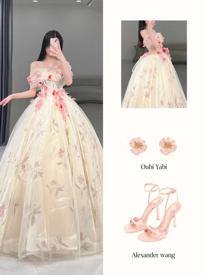 Sweet Ball Gown Off The Shoulder Floral Tulle Long Quinceanera Dress Gorgeous Quinceanera Dresses Sweet 15 16 Dress A111