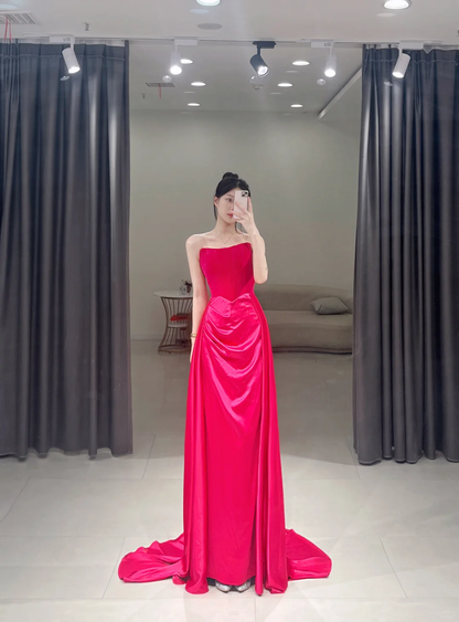 Elegant Sheath Strapless Hot Pink Satin Long Floor Length Prom Dress Inspiration Long Prom Dresses A115
