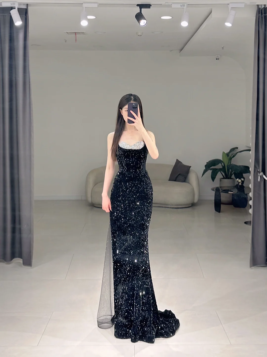 Elegant Mermaid Spaghetti Straps Black Sequin Long Floor Length Prom Dress Inspiration Long Prom Dresses A117
