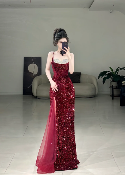 Elegant Mermaid Spaghetti Straps Black Sequin Long Floor Length Prom Dress Inspiration Long Prom Dresses A117