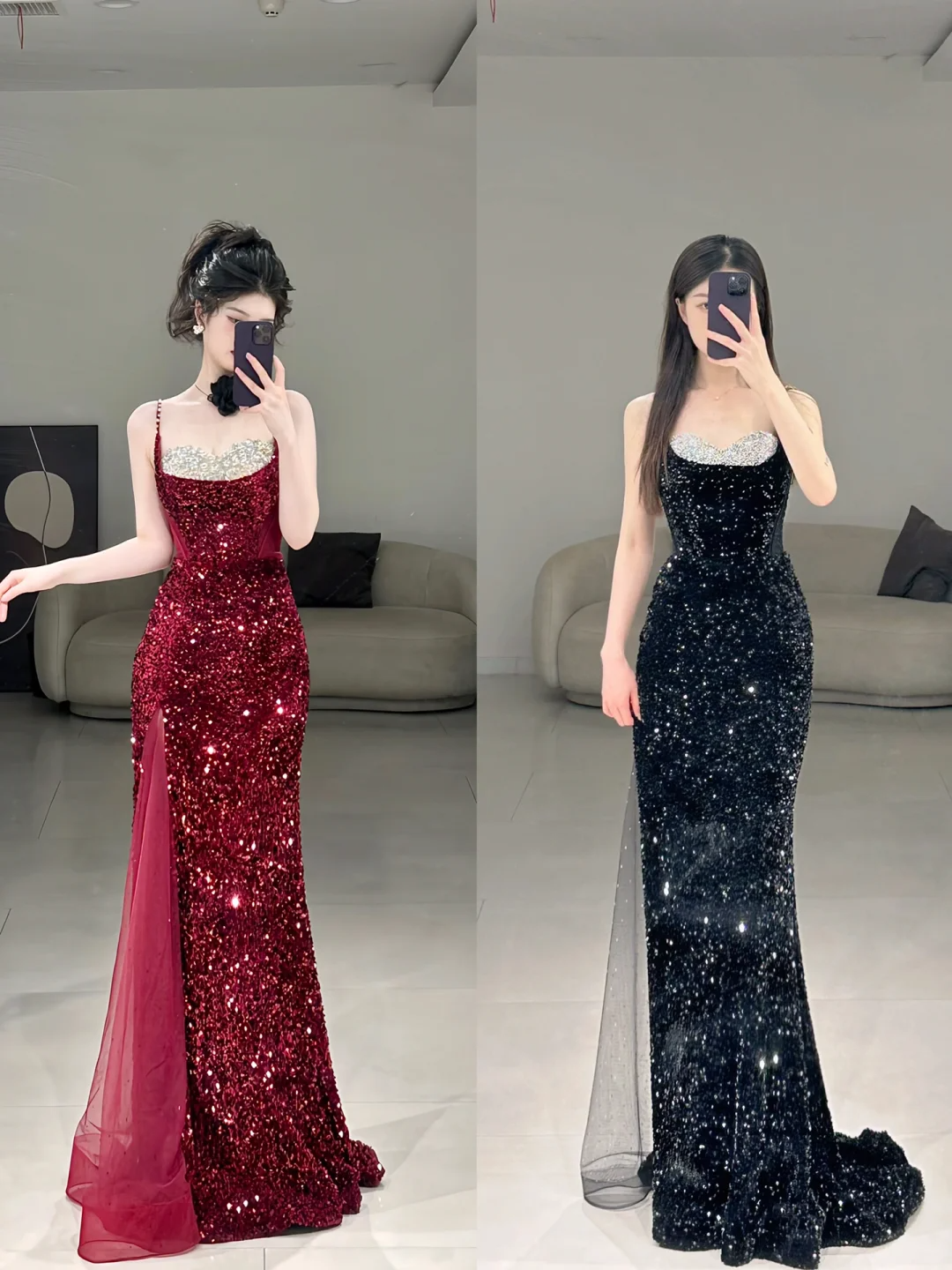 Elegant Mermaid Spaghetti Straps Black Sequin Long Floor Length Prom Dress Inspiration Long Prom Dresses A117
