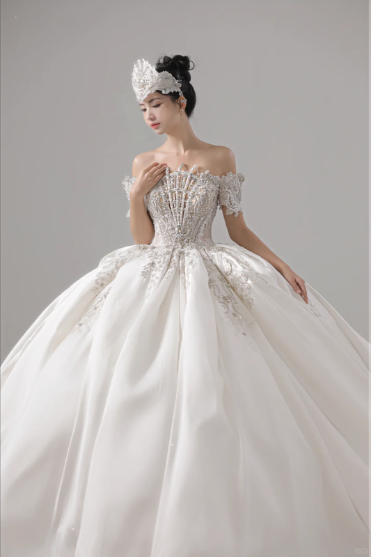 Elegant Ball Gown Off The Shoulder Satin Short Sleeves Long Wedding Dress Beautiful Formal Cute Wedding Dresses A120