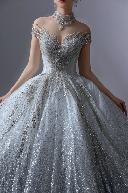 Dreamy Ball Gown Off The Shoulder Silver Sequin Long Wedding Dress Beautiful Formal Cute Wedding Dresses A123