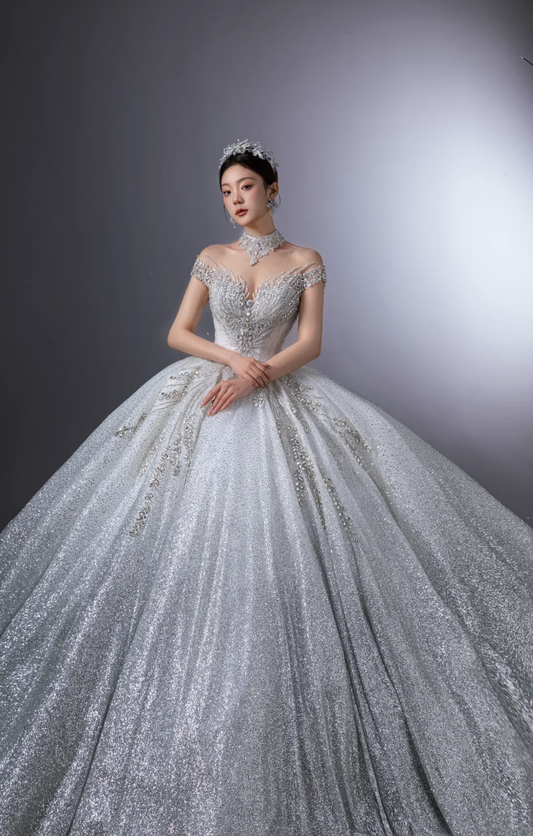 Dreamy Ball Gown Off The Shoulder Silver Sequin Long Wedding Dress Beautiful Formal Cute Wedding Dresses A123