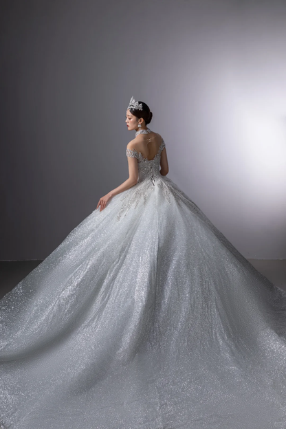 Dreamy Ball Gown Off The Shoulder Silver Sequin Long Wedding Dress Beautiful Formal Cute Wedding Dresses A123