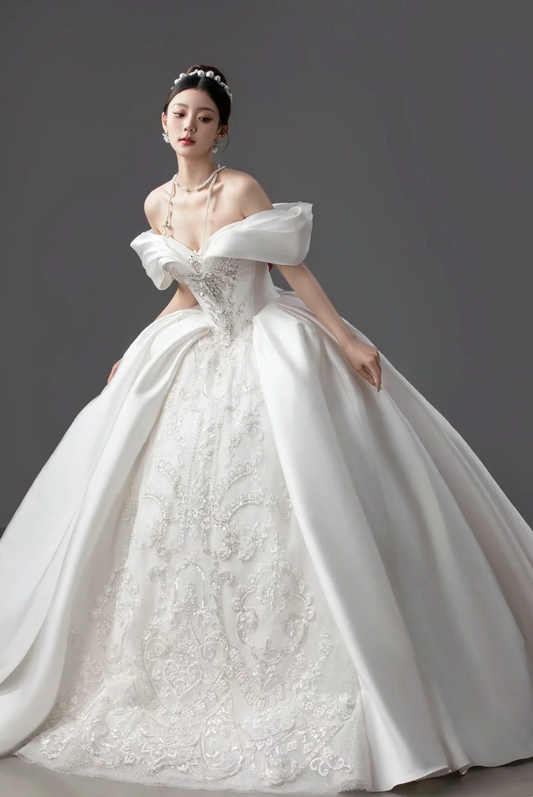 Dreamy Ball Gown Off The Shoulder Satin White Long Wedding Dress Beautiful Formal Cute Wedding Dresses A125