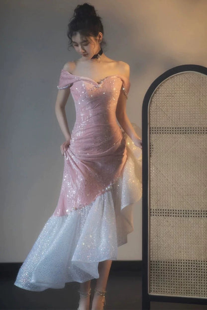 Elegant Mermaid Off The Shoulder Pink With Short Sleeves Formal Dress  Sequin Birthday Prom Dresses N2816