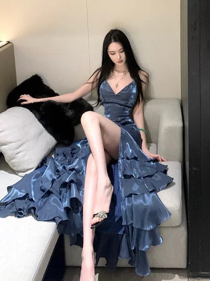 Chic Mermaid Halter Spaghetti Strap Long Prom Dresses Slit Navy Blue Long Formal Dresses N700