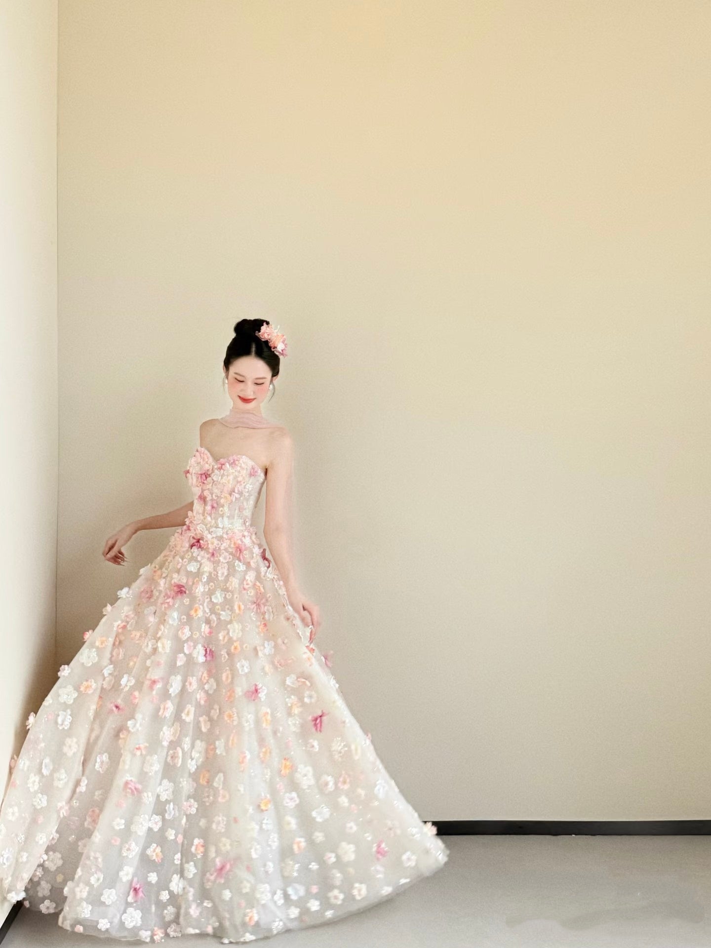 Cute Ball Gown Sweetheart Pink Flowers Long Tulle Quinceanera Dress Sweet 15 16 Dresses RA085