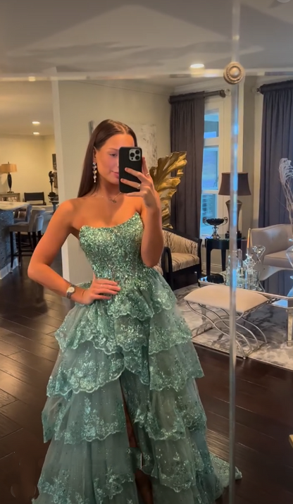 Modest Ball Gown Strapless Light Green Lace Sleeveless Classy Prom Dresses Inspiration Party Dress Princess Graduation Dress B648