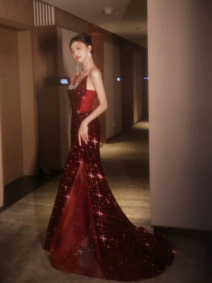Sparkly Mermaid Spaghetti Straps Sequins Burgundy Long Formal Fancy Prom Evening Dress Dinner Outfits Classy Party Gowns AB2047