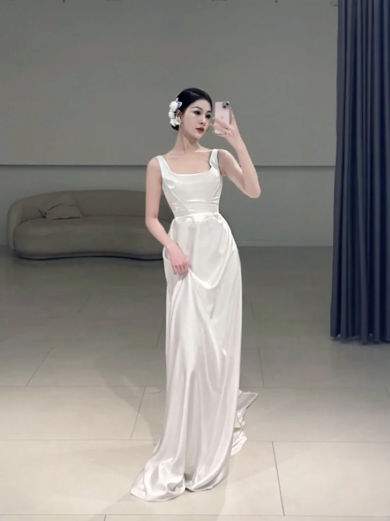 Timeless A line Square Neck White Satin Long Wedding Dress Beautiful Formal Cute Wedding Dresses A101