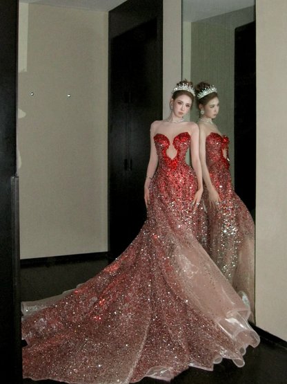 Modest Mermaid Sweetheart Burgundy With Beaded Crystals Prom Dress Aesthetic Long Graduation Evening Outfits N058