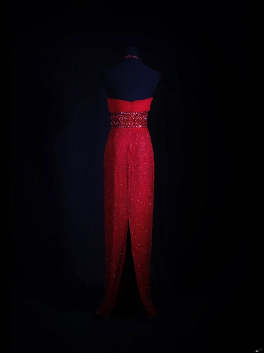 Vintage Sheath Halter 1950s Red Sequined Evening For Women Party Dresses Long Formal Prom Dresses 20th Birthday Gown AA255