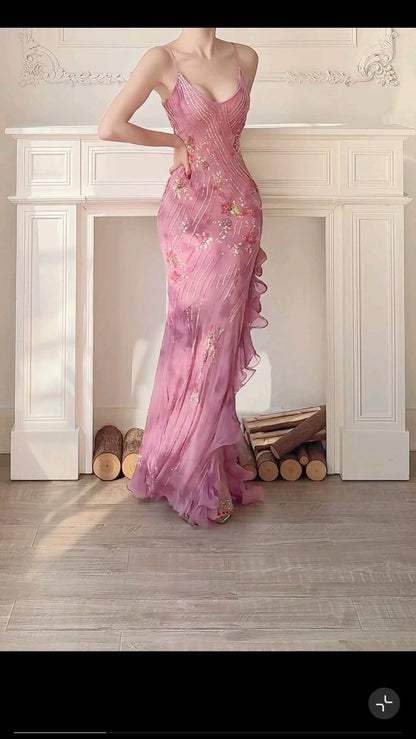 Vintage Mermaid Spaghetti Straps Pink Long Prom Dresses Inspiration Party Dress Prom Gown AB076