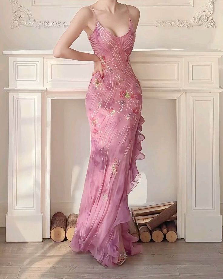 Vintage Mermaid Spaghetti Straps Pink Long Prom Dresses Inspiration Party Dress Prom Gown AB076