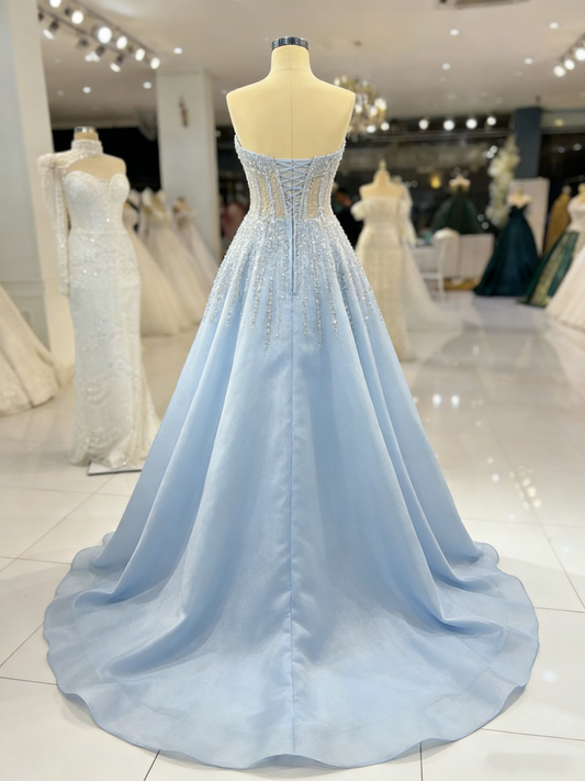 Modest A line Sweetheart Light Sky Blue Tulle Sequin Long Prom Dresses For Teens Formal Dress Party Outfits Prom Gowns AB1081