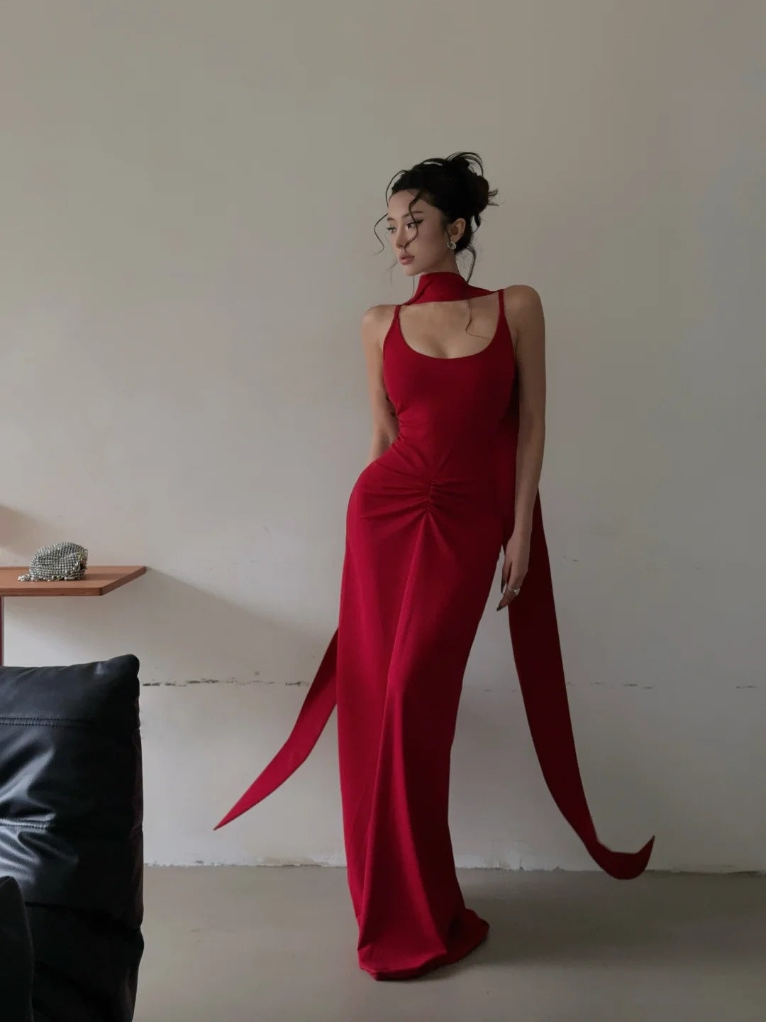 Classy Mermaid Spaghetti Straps Red With Scarf Long Prom Dresses Aesthetic For Teens Formal Dress Party Outfits Prom Gown AB1116
