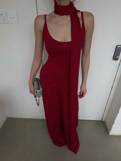 Classy Mermaid Spaghetti Straps Red With Scarf Long Prom Dresses Aesthetic For Teens Formal Dress Party Outfits Prom Gown AB1116