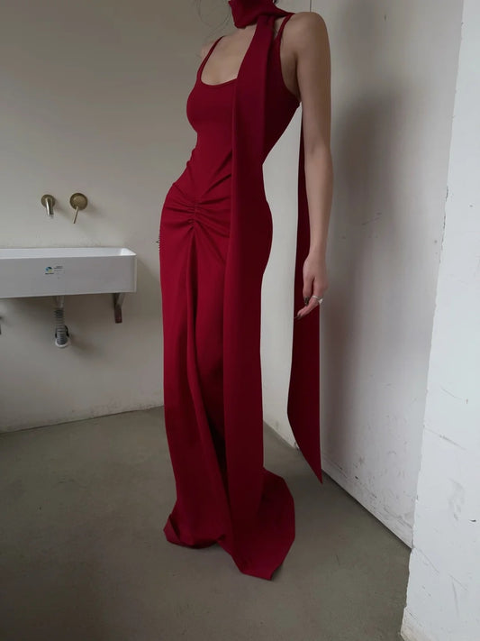 Classy Mermaid Spaghetti Straps Red With Scarf Long Prom Dresses Aesthetic For Teens Formal Dress Party Outfits Prom Gown AB1116