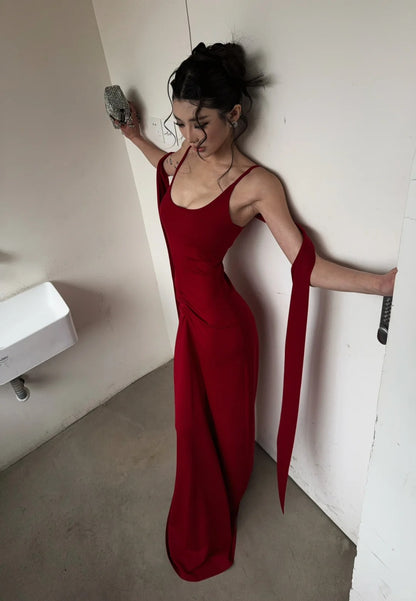 Simple Mermaid Spaghetti Straps Red With Scarf Long Prom Dresses Aesthetic Formal Dress Party Outfits N403