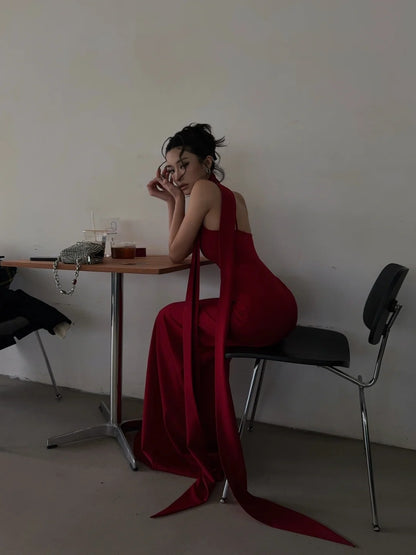 Simple Mermaid Spaghetti Straps Red With Scarf Long Prom Dresses Aesthetic Formal Dress Party Outfits N403
