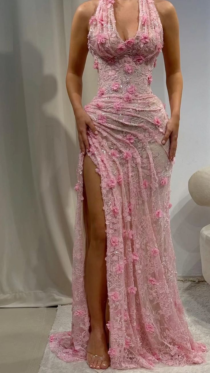 Classy Mermaid Halter V Neck Pink Lace With High Slit Prom Dress Aesthetic For Teens Formal Dresses Party Outfits Prom Gown AB1123